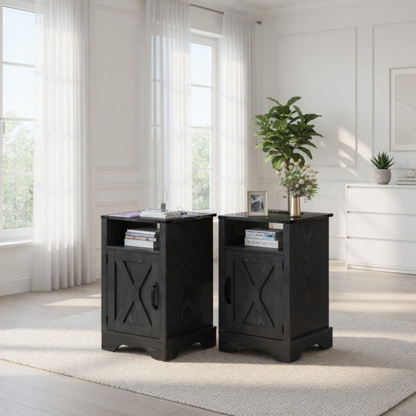 English Elm Set of 2 Farmhouse Nightstands with Usb Charging Station Open Shelf X-door Accent Black B082P517281