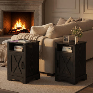 English Elm Set of 2 Farmhouse Nightstands with Usb Charging Station Open Shelf X-door Accent Black B082P517281