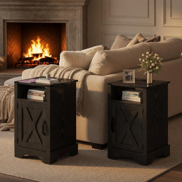 English Elm Set of 2 Farmhouse Nightstands with Usb Charging Station Open Shelf X-door Accent Black B082P517281