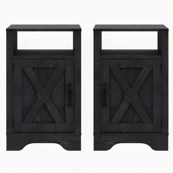 English Elm Set of 2 Farmhouse Nightstands with Usb Charging Station Open Shelf X-door Accent Black B082P517281
