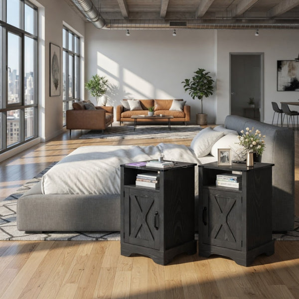 English Elm Set of 2 Farmhouse Nightstands with Usb Charging Station Open Shelf X-door Accent Black B082P517281