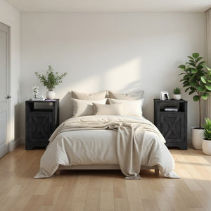 English Elm Set of 2 Farmhouse Nightstands with Usb Charging Station Open Shelf X-door Accent Black B082P517281