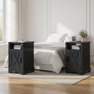 English Elm Set of 2 Farmhouse Nightstands with Usb Charging Station Open Shelf X-door Accent Black B082P517281