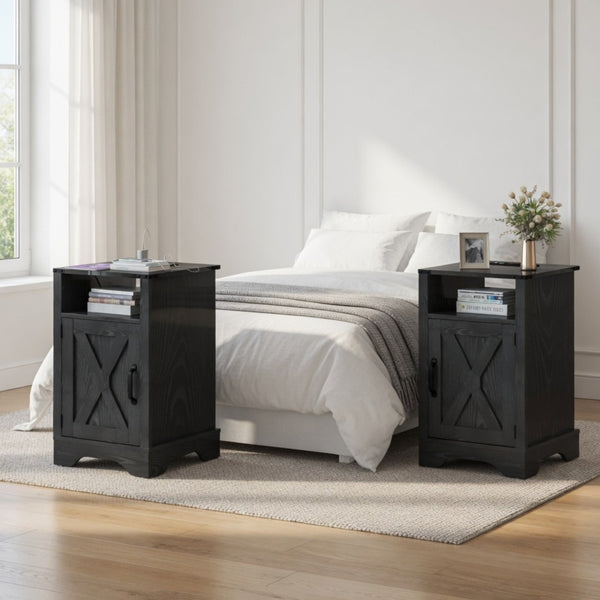 English Elm Set of 2 Farmhouse Nightstands with Usb Charging Station Open Shelf X-door Accent Black B082P517281