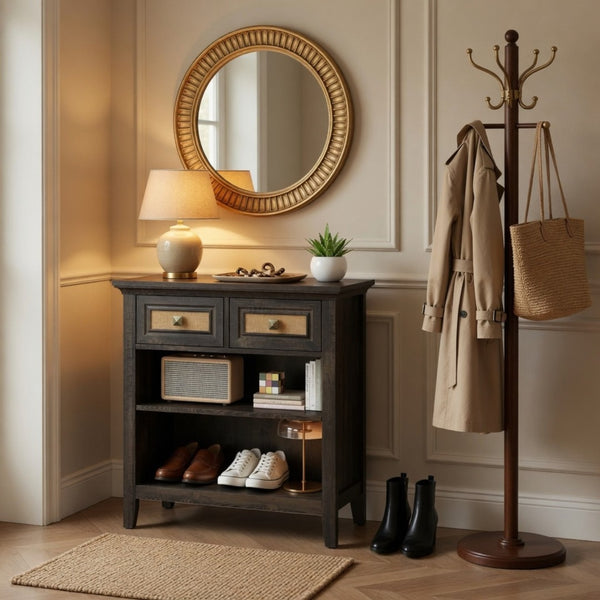English Elm 27.5" Rattan Weave Boho Storage Cabinet with Open Shelves and Bronze Drawer Knobs B082P529479