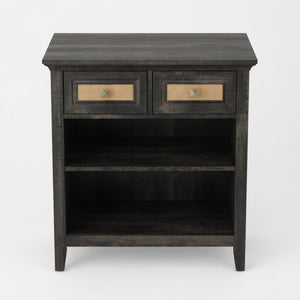 English Elm 27.5" Rattan Weave Boho Storage Cabinet with Open Shelves and Bronze Drawer Knobs B082P529479