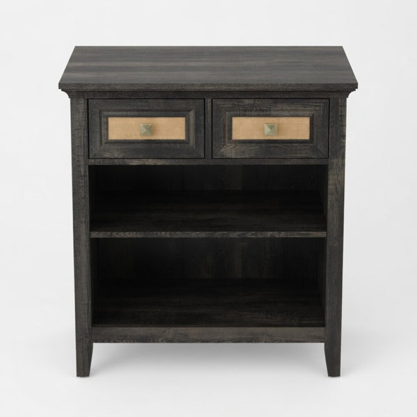 English Elm 27.5" Rattan Weave Boho Storage Cabinet with Open Shelves and Bronze Drawer Knobs B082P529479
