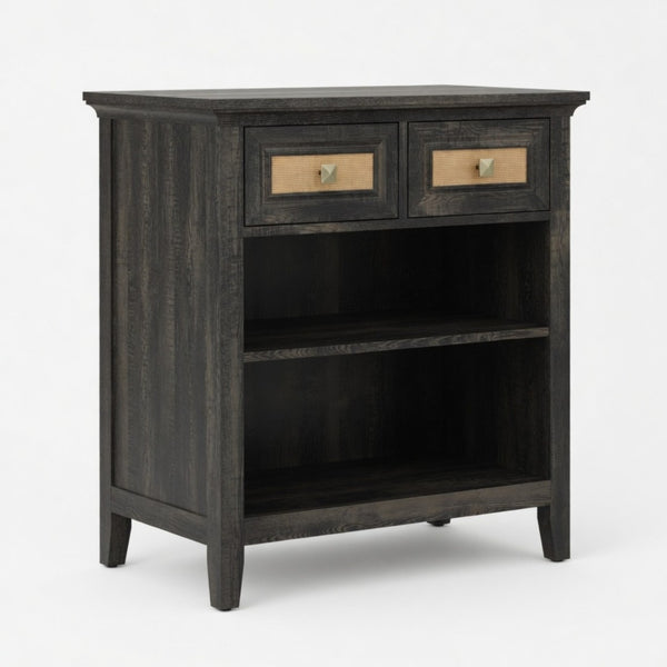 English Elm 27.5" Rattan Weave Boho Storage Cabinet with Open Shelves and Bronze Drawer Knobs B082P529479
