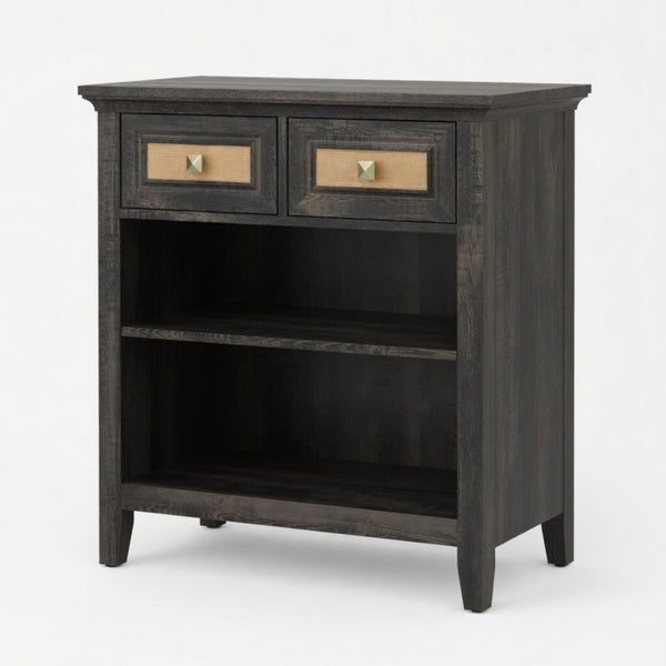 English Elm 27.5" Rattan Weave Boho Storage Cabinet with Open Shelves and Bronze Drawer Knobs B082P529479