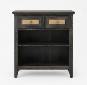 English Elm 27.5" Rattan Weave Boho Storage Cabinet with Open Shelves and Bronze Drawer Knobs B082P529479