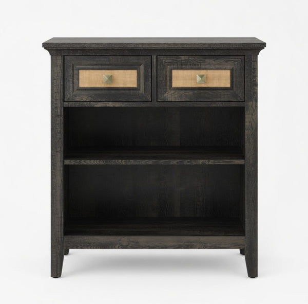 English Elm 27.5" Rattan Weave Boho Storage Cabinet with Open Shelves and Bronze Drawer Knobs B082P529479
