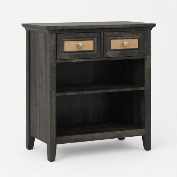 English Elm 27.5" Rattan Weave Boho Storage Cabinet with Open Shelves and Bronze Drawer Knobs B082P529479