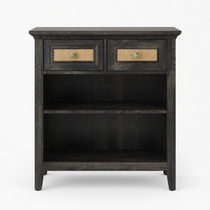 English Elm 27.5" Rattan Weave Boho Storage Cabinet with Open Shelves and Bronze Drawer Knobs B082P529479