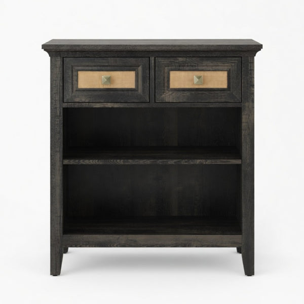 English Elm 27.5" Rattan Weave Boho Storage Cabinet with Open Shelves and Bronze Drawer Knobs B082P529479