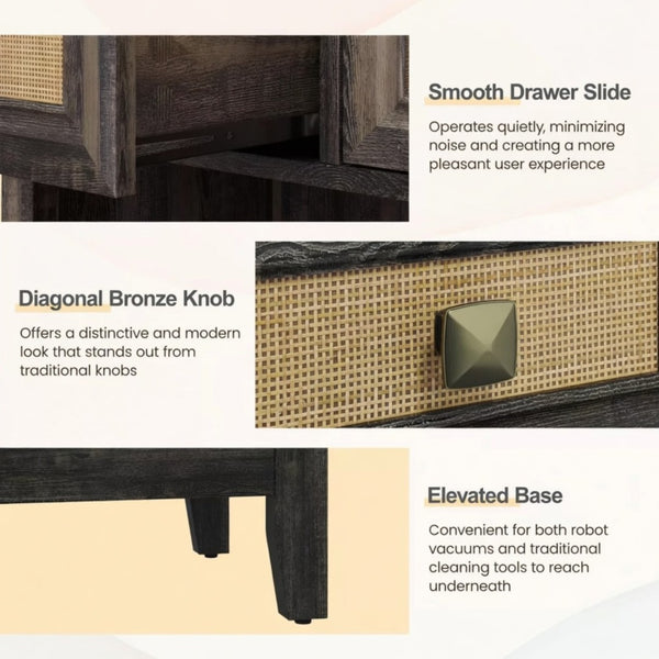 English Elm 27.5" Rattan Weave Boho Storage Cabinet with Open Shelves and Bronze Drawer Knobs B082P529479