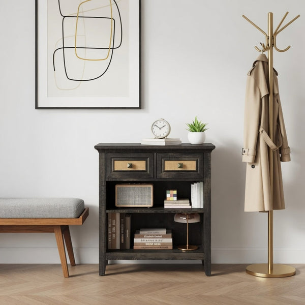 English Elm 27.5" Rattan Weave Boho Storage Cabinet with Open Shelves and Bronze Drawer Knobs B082P529479