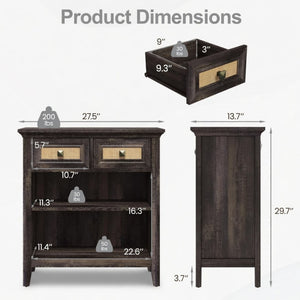 English Elm 27.5" Rattan Weave Boho Storage Cabinet with Open Shelves and Bronze Drawer Knobs B082P529479