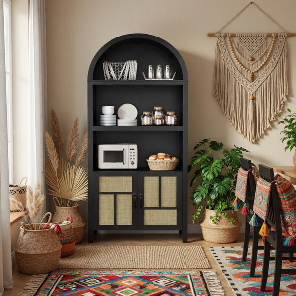 English Elm 70.2" Tall Rattan Panel Pantry Cabinet Matte Black Arched Kitchen Hallway Storage B082P529480