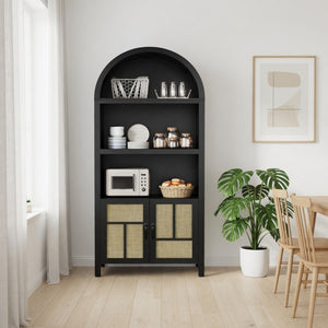 English Elm 70.2" Tall Rattan Panel Pantry Cabinet Matte Black Arched Kitchen Hallway Storage B082P529480