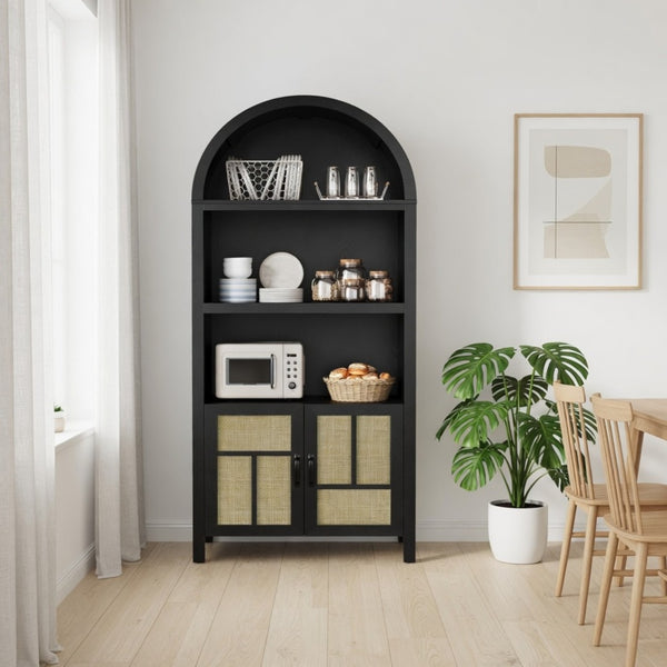 English Elm 70.2" Tall Rattan Panel Pantry Cabinet Matte Black Arched Kitchen Hallway Storage B082P529480