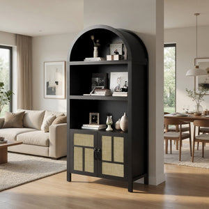 English Elm 70.2" Tall Rattan Panel Pantry Cabinet Matte Black Arched Kitchen Hallway Storage B082P529480