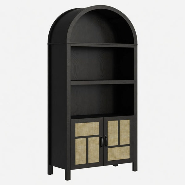 English Elm 70.2" Tall Rattan Panel Pantry Cabinet Matte Black Arched Kitchen Hallway Storage B082P529480