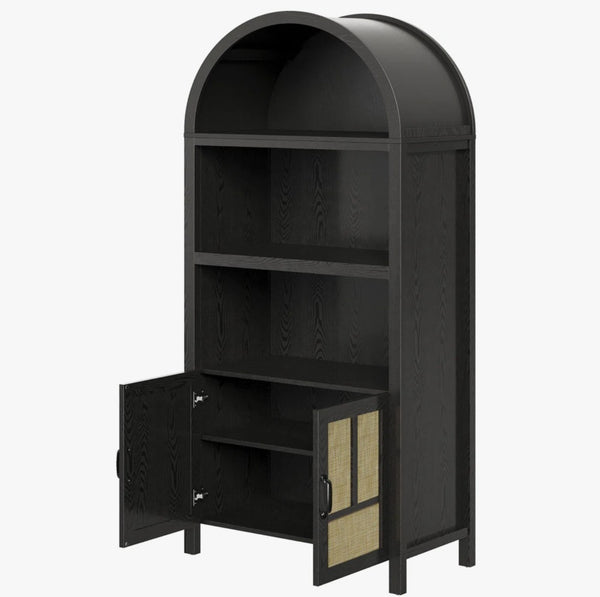 English Elm 70.2" Tall Rattan Panel Pantry Cabinet Matte Black Arched Kitchen Hallway Storage B082P529480