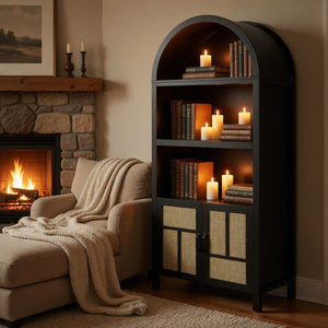English Elm 70.2" Tall Rattan Panel Pantry Cabinet Matte Black Arched Kitchen Hallway Storage B082P529480