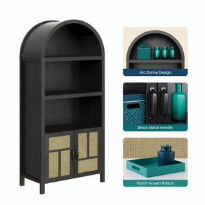 English Elm 70.2" Tall Rattan Panel Pantry Cabinet Matte Black Arched Kitchen Hallway Storage B082P529480