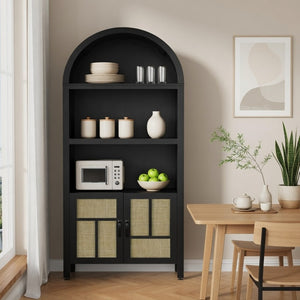 English Elm 70.2" Tall Rattan Panel Pantry Cabinet Matte Black Arched Kitchen Hallway Storage B082P529480