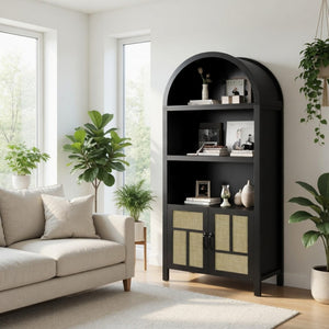 English Elm 70.2" Tall Rattan Panel Pantry Cabinet Matte Black Arched Kitchen Hallway Storage B082P529480