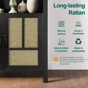 English Elm 70.2" Tall Rattan Panel Pantry Cabinet Matte Black Arched Kitchen Hallway Storage B082P529480