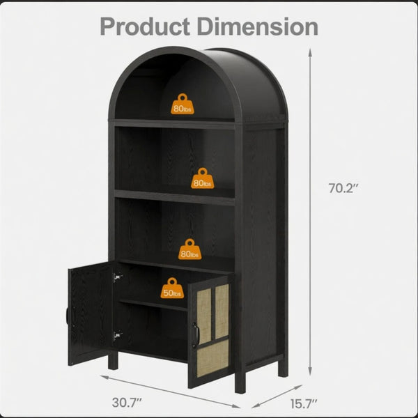 English Elm 70.2" Tall Rattan Panel Pantry Cabinet Matte Black Arched Kitchen Hallway Storage B082P529480