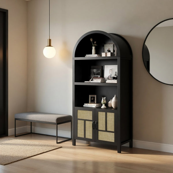 English Elm 70.2" Tall Rattan Panel Pantry Cabinet Matte Black Arched Kitchen Hallway Storage B082P529480