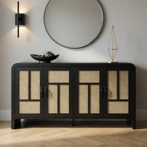 English Elm 59" Rattan Panel Buffet Sideboard with Matte Black Frame and Adjustable Interior Shelves B082P529481