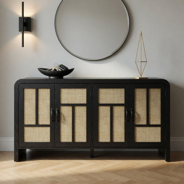English Elm 59" Rattan Panel Buffet Sideboard with Matte Black Frame and Adjustable Interior Shelves B082P529481