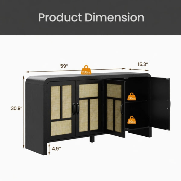 English Elm 59" Rattan Panel Buffet Sideboard with Matte Black Frame and Adjustable Interior Shelves B082P529481