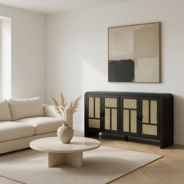 English Elm 59" Rattan Panel Buffet Sideboard with Matte Black Frame and Adjustable Interior Shelves B082P529481