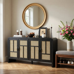 English Elm 59" Rattan Panel Buffet Sideboard with Matte Black Frame and Adjustable Interior Shelves B082P529481