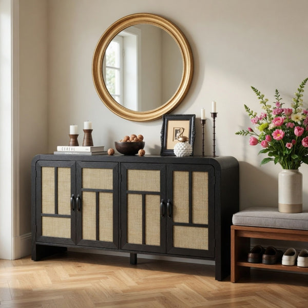 English Elm 59" Rattan Panel Buffet Sideboard with Matte Black Frame and Adjustable Interior Shelves B082P529481