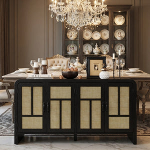 English Elm 59" Rattan Panel Buffet Sideboard with Matte Black Frame and Adjustable Interior Shelves B082P529481