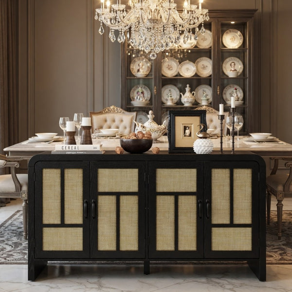 English Elm 59" Rattan Panel Buffet Sideboard with Matte Black Frame and Adjustable Interior Shelves B082P529481