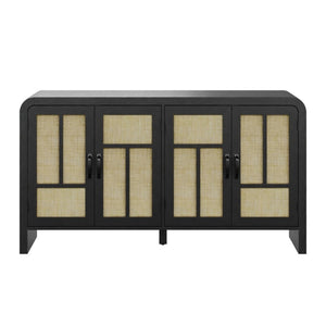 English Elm 59" Rattan Panel Buffet Sideboard with Matte Black Frame and Adjustable Interior Shelves B082P529481