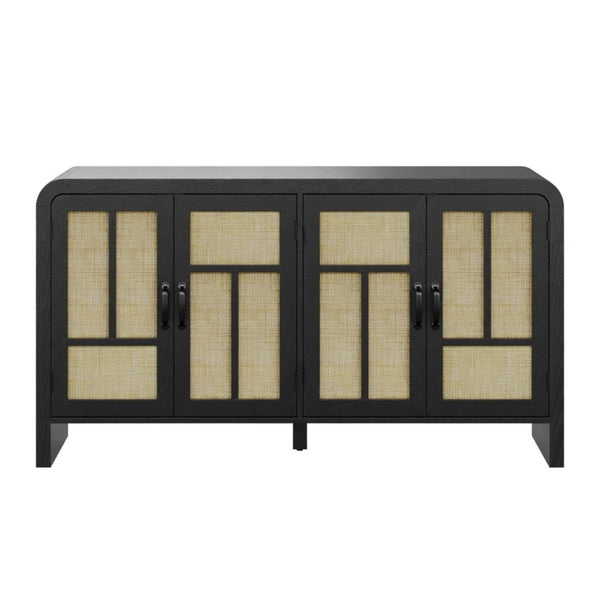 English Elm 59" Rattan Panel Buffet Sideboard with Matte Black Frame and Adjustable Interior Shelves B082P529481