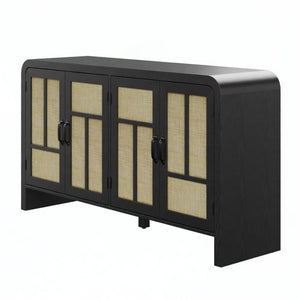 English Elm 59" Rattan Panel Buffet Sideboard with Matte Black Frame and Adjustable Interior Shelves B082P529481