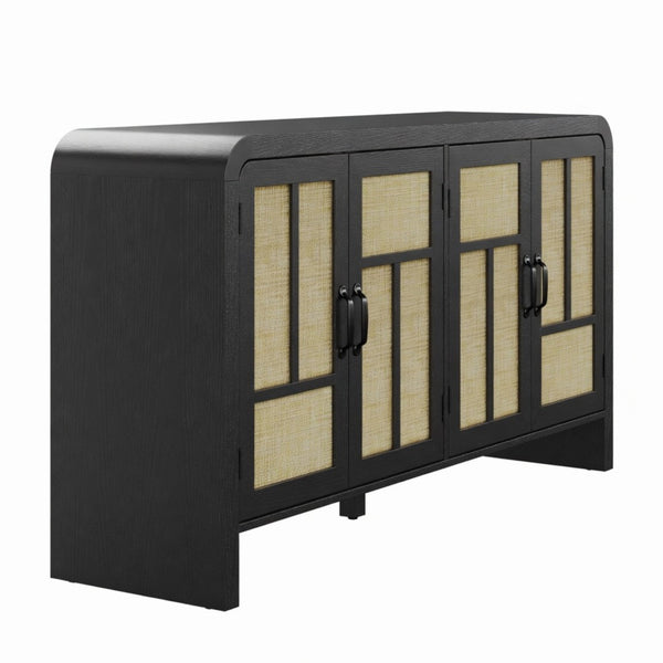 English Elm 59" Rattan Panel Buffet Sideboard with Matte Black Frame and Adjustable Interior Shelves B082P529481