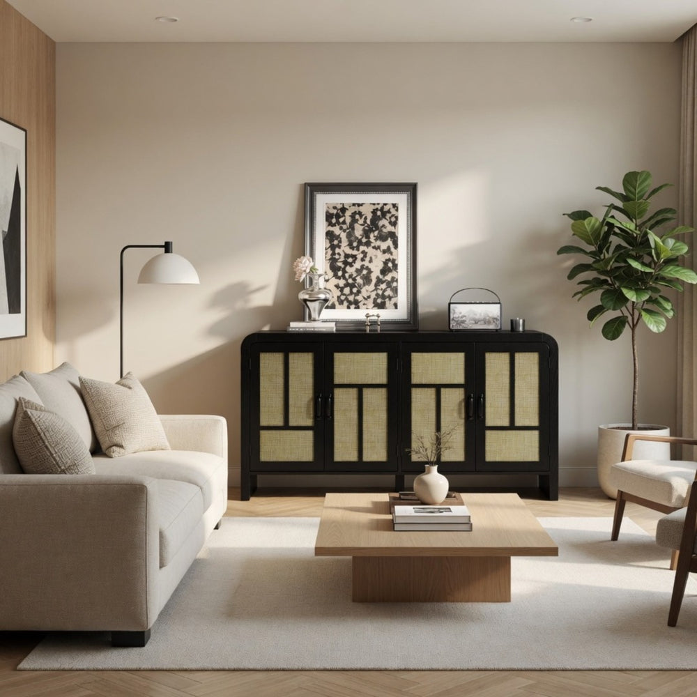 English Elm 59" Rattan Panel Buffet Sideboard with Matte Black Frame and Adjustable Interior Shelves B082P529481