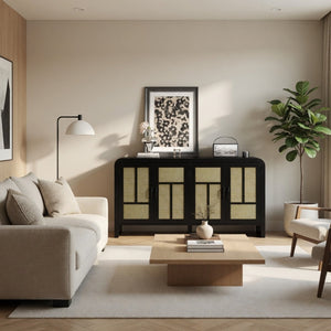 English Elm 59" Rattan Panel Buffet Sideboard with Matte Black Frame and Adjustable Interior Shelves B082P529481