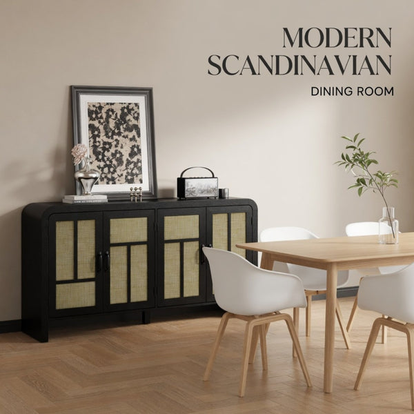 English Elm 59" Rattan Panel Buffet Sideboard with Matte Black Frame and Adjustable Interior Shelves B082P529481