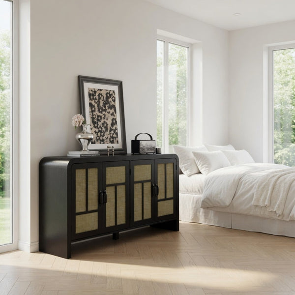 English Elm 59" Rattan Panel Buffet Sideboard with Matte Black Frame and Adjustable Interior Shelves B082P529481
